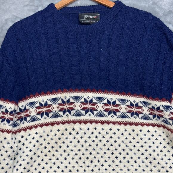 Jantzen Vintage Pull Over Fair Isle Nordic Ski Blue Red White Sweater  Men XL - Picture 2 of 6